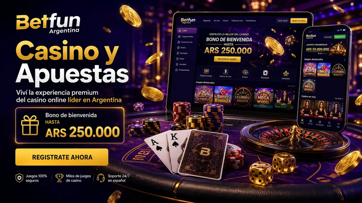 Plataforma Betfun Argentina con ruleta, cartas y fichas y la oferta de bienvenida